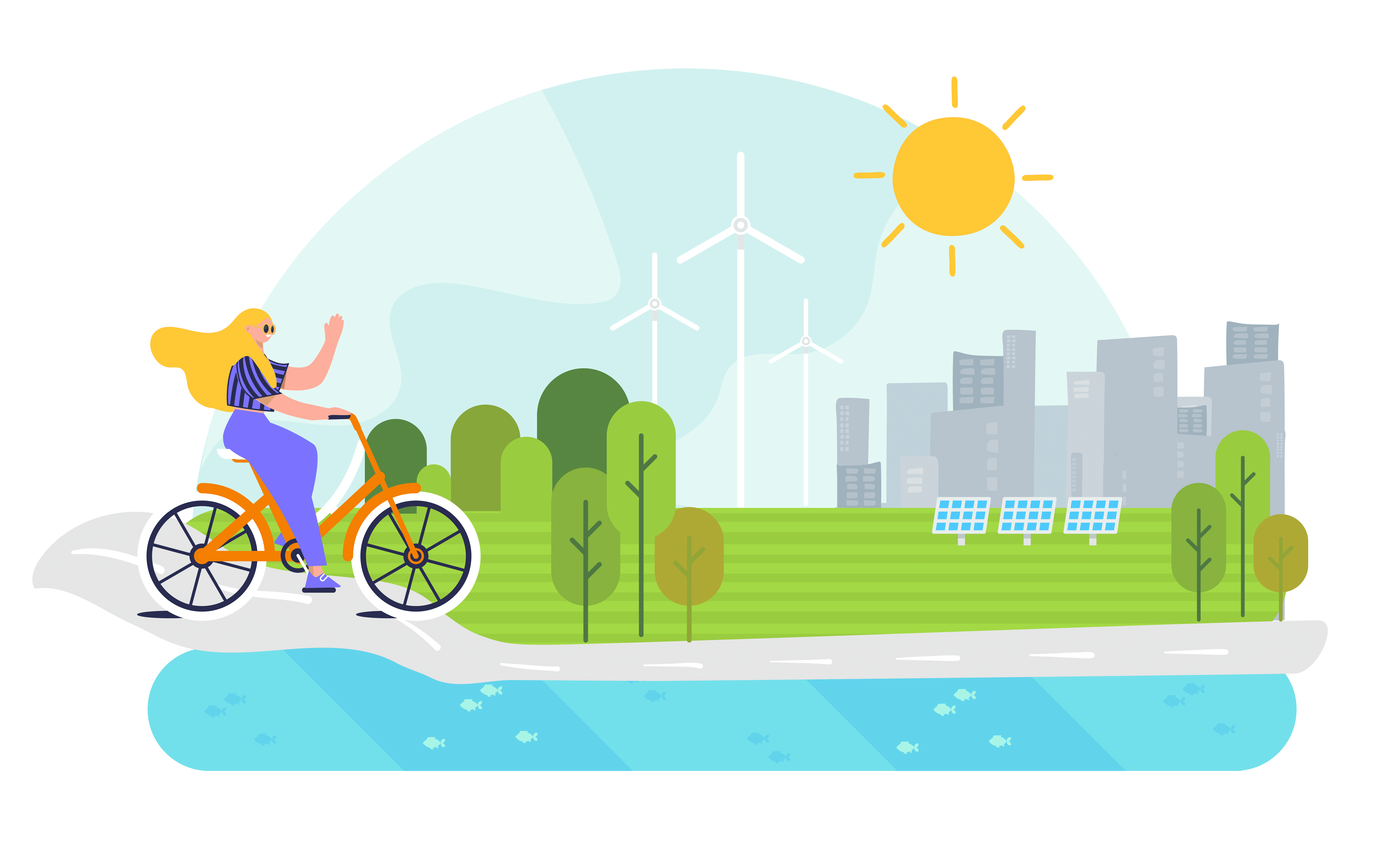 Image of a woman on a bicycle in a green, sustainable city.